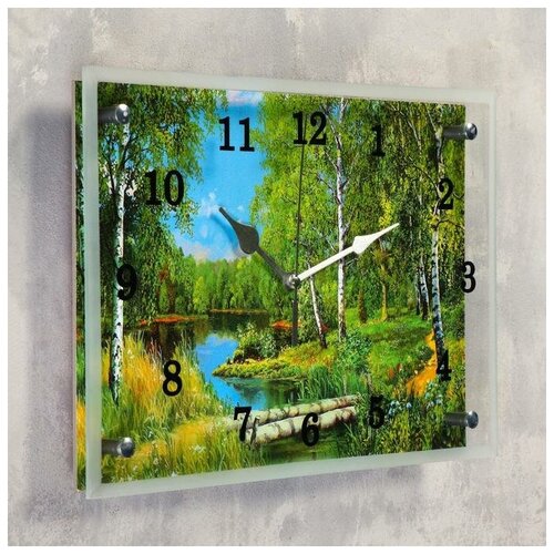 фото Часы настенные сюжет прямоугольные, "лес и река", 25*35 см