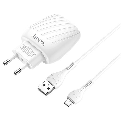 фото Блок питания сетевой 2 usb hoco, c78a, max energy, 2.4a, пластик, индикатор, кабель микро usb, цвет белый