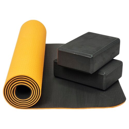 фото Набор для йоги, фитнеса и пилатеса: коврик с чехлом + 2 блока для йоги, оранжевый/черный insport