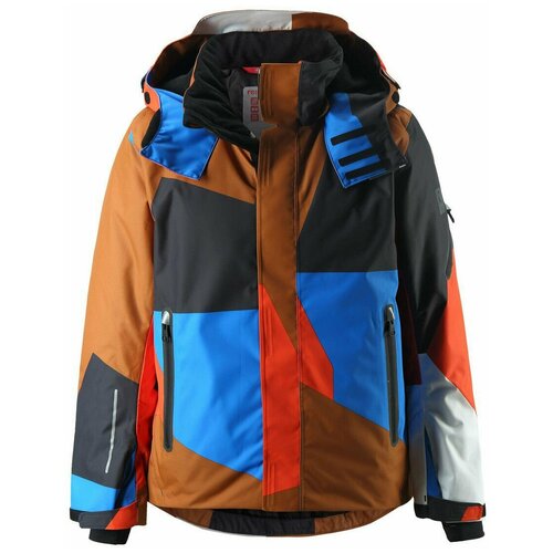 фото Горнолыжная куртка reima детская, капюшон, карманы, светоотражающие элементы, съемный капюшон, утепленная, водонепроницаемая, размер 104, коричневый, синий