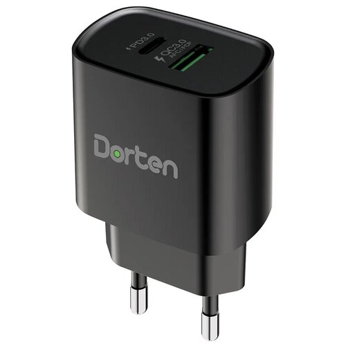 фото Сетевое зарядное устройство dorten 2-port usb 20w wall quick charger pd3.0+qc3.0 (20w power delivery, qc 3.0/qc2.0, huawei fcp, samsung afc), 3a max