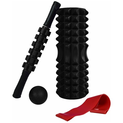фото Ролик массажный спортивный для йоги и фитнеса, набор для йоги в чехле cliff (валик strong s, массажер-роллер, мяч, эспандер), черный