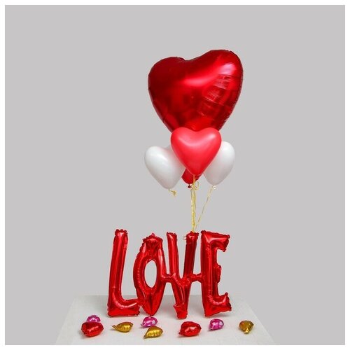 фото Букет из шаров 38""надпись любовь", заглавные буквы, сердца, набор 6 шт. + грузик, цвет красный страна карнавалия