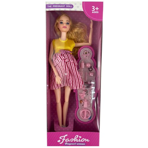 фото Кукла модель / беременная кукла / кукла с младенцем / кукла с аксессуарами / подарок девочкам / сарафан полосатый с желтым кукла беременяшка