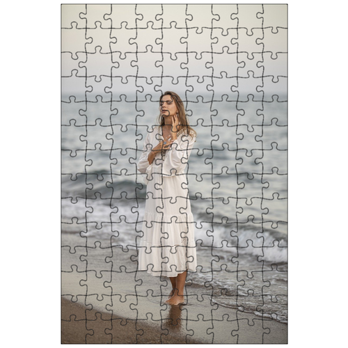 фото Магнитный пазл 27x18см."женщина, белое платье, пляж" на холодильник lotsprints