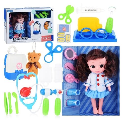 фото Кукла oubaoloon музыкальная, 32 см, с аксессуарами, набором доктора, чемоданом и мягкой игрушкой, в коробке (339-5c) кнр