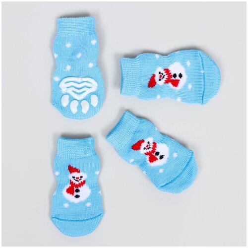 фото Носки для собак нескользящие "снеговики", s (2,5/3,5 * 6 см), набор 4 шт, голубые пижон