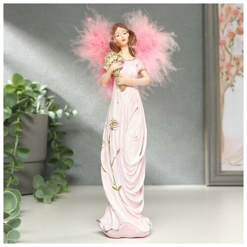 фото Сувенир полистоун "ангел-девушка в розовом платье, с букетом" крылья пух 21,5х5,5х5,7 см qwen