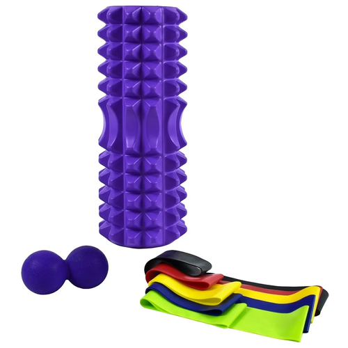 фото Набор для йоги (ролик 33*13см, мяч двойной, 5 эспандеров ленточных) в чехле фиолетовый cliff