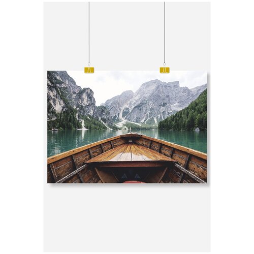 фото Постер на стену для интерьера postermarkt вид с лодки на озеро в горах, размер 60х90 см, постеры картины для интерьера в тубусе