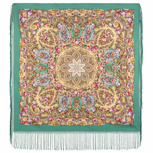 фото Шаль павловопосадская платочная мануфактура, шерсть, с бахромой, 148х148 см, зеленый