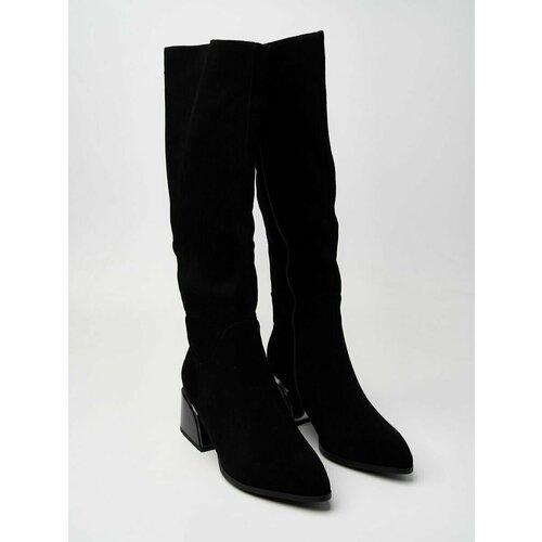 фото Ботфорты замшевые сапоги на среднем каблуке, размер 38, черный marco rocco