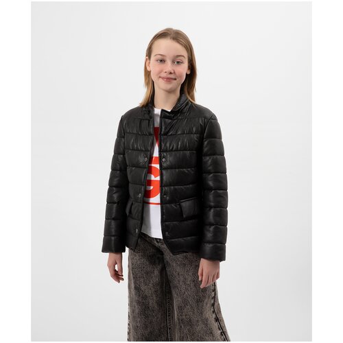 фото Куртка-пиджак на синтепоне из эко кожи с цветочным принтом gulliver, цвет чёрный, размер 158