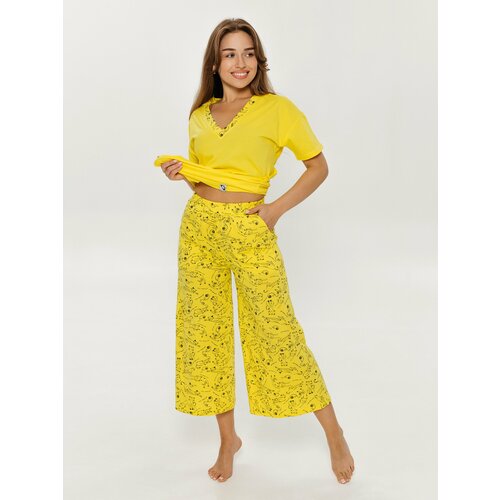фото Комплект lovetex.store, футболка, брюки, короткий рукав, пояс на резинке, трикотажная, карманы, размер 46, желтый