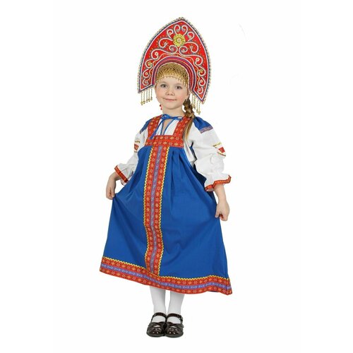 фото Русский народный костюм для девочки русско славянский карнавальный сарафан синий детский из хлопок отделка в ассортименте, 1 год, рост 74-86 см. русский сарафан