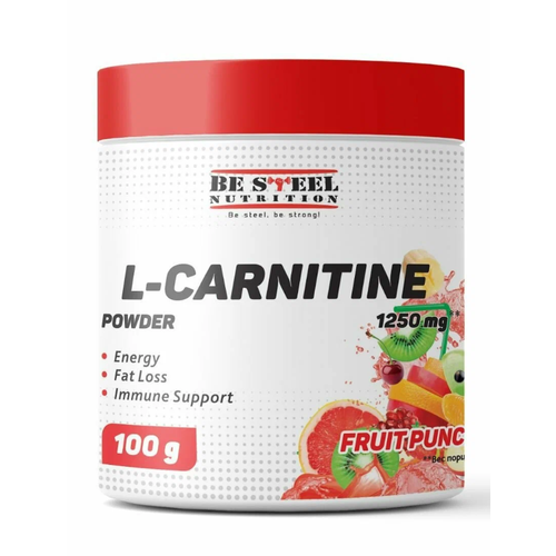 фото Л-карнитин тартрат для похудения, be steel nutrition l-carnitine 100г (фруктовый пунш), жиросжигатель спортивный