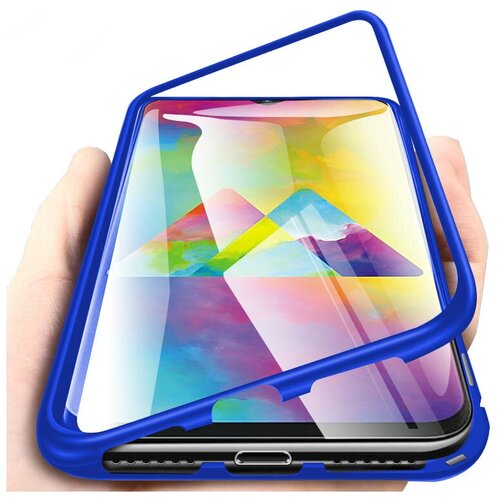 фото Чехол-бампер mypads для redmi 8a магнитный из закаленного стекла и металла с двухсторонней прозрачной крышкой металлический защитный противоударный синий