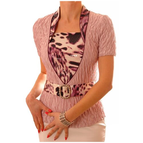 фото Блуза thedistinctive, нарядный стиль, прилегающий силуэт, короткий рукав, пояс/ремень, размер xl, розовый