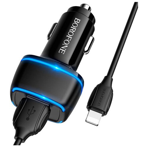 фото Автомобильное зарядное устройство borofone bz14 max 2xusb, 2.4a, led + кабель lightning 8-pin, 1м (черный)