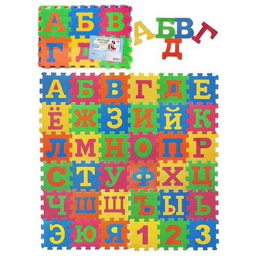 фото Коврик-пазл "мягкие пазлы" изучаем буквы, 90 деталей (36 деталей пазла 14х14см + 54 детали-вставки) junfa toys