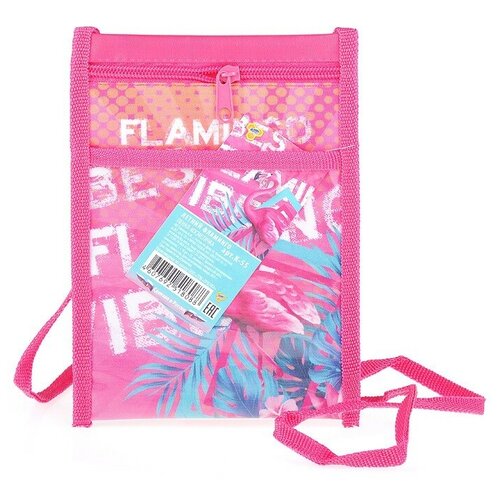 фото Пенал-косметичка на молнии с карманом, печать на ткани "летний фламинго" пчёлка