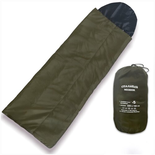фото Спальный мешок -5 с подголовником 220x150 см / кокон до -5 / спальник для охоты и рыбалки / спальный мешок тёплый до - 5 / зеленый no name