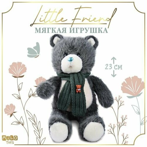 фото Мягкая игрушка "little friend", мишка с зелёным шарфом, цвет темно-серый