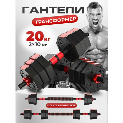 фото Fitnesslive гантели набор 2 гантели по 10 кг.+ гриф для штанги разборные(цемент/пластик), общий вес 20кг