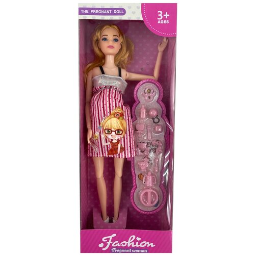 фото Кукла модель / беременная кукла / кукла с младенцем / кукла с аксессуарами / подарок девочкам / сарафан полосатый с серебром кукла беременяшка