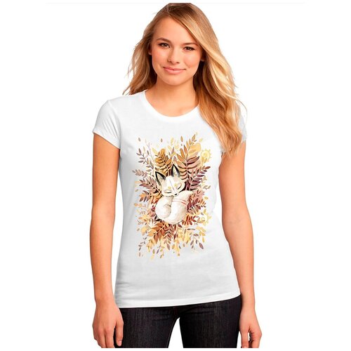 фото "женская белая футболка лиса, осень, листья". размер m drabs