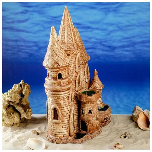 фото Декорация для аквариума керамика ручной работы "подводный замок №40", коричневый