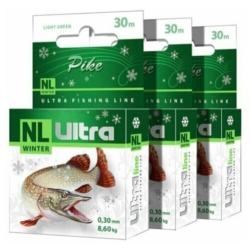 фото Леска зимняя aqua nl ultra pike (щука) 30m 0,30mm, цвет - светло-зеленый, test - 8,60kg (набор 3 шт)