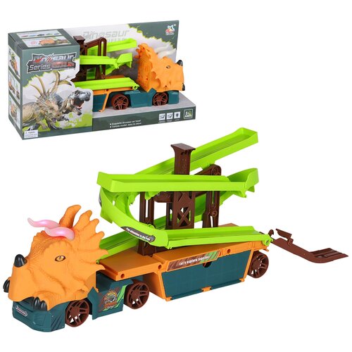 фото Игровой набор машина автовоз "динозавр" с треком, со светом и звуком, 2 машинки, игрушка для детей, подарок для детей, игрушка для мальчиков, свободный ход колес, цвет бежевый, в/к 50*14,8*24,5 см компания друзей
