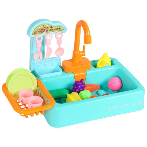 фото Кухня детская игровая раковина с водой, на батарейках, 26 предметов: игрушечная посуда, столовые приборы, игрушечные продукты, для девочек, для игры в хозяйку, цвет зеленый, в/к 37*9*26 см компания друзей