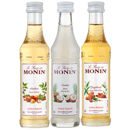 фото Набор monin 3шт по 50мл сиропы "лесной орех", "кокос", "имбирный пряник" для кофе, коктейлей и десертов