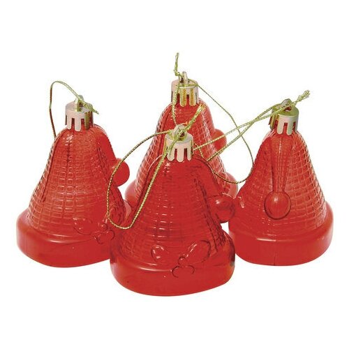 фото Украшения елочные подвесные "колокольчики", набор 4 шт 6,5 см, пластик, полупрозрачные, красные, 59596 веселый хоровод