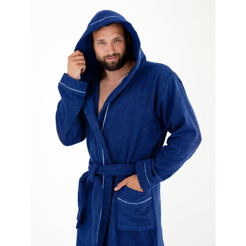 фото Халат everliness, длинный рукав, банный халат, капюшон, пояс/ремень, карманы, размер 52, синий