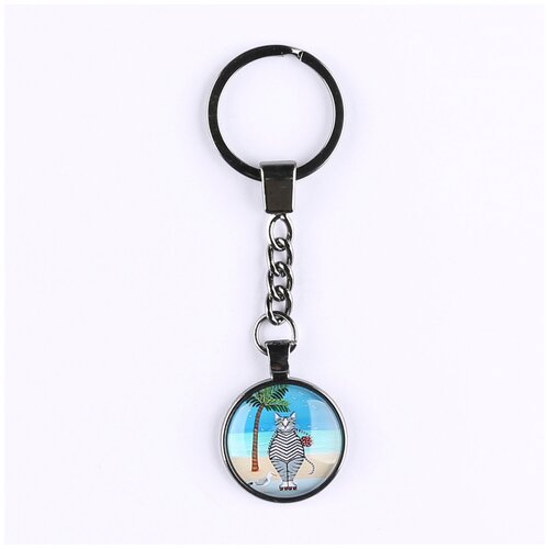 фото Брелок darifly цвета титан с большим кольцом для ключей, цепью и круглым рисунком "прикольная кошка на роликах в полосатом купальнике стоит на пляже под пальмой вместе с чайкой