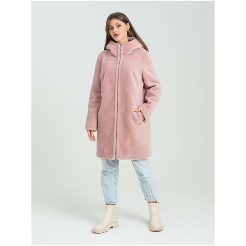 фото Куртка , овчина, укороченная, оверсайз, карманы, капюшон, размер 56, розовый риа