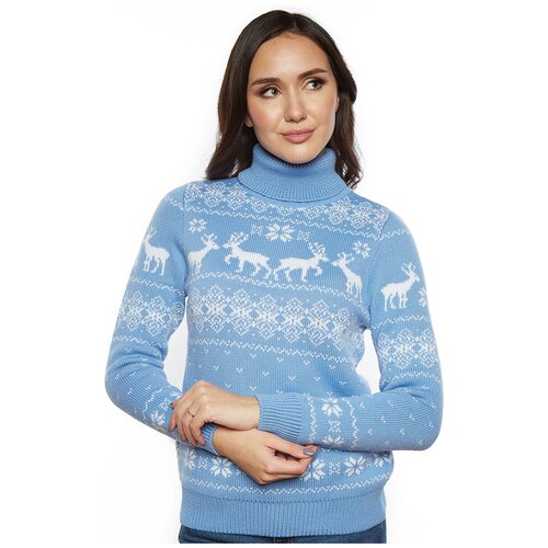фото Шерстяной свитер, классический скандинавский орнамент с оленями и снежинками, натуральная шерсть, голубой цвет, размер m anymalls