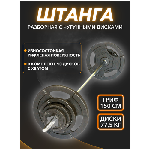 фото Штанга/штанга разборная/штанга с металлическими дисками/штанга с чугунными дисками mironfit 84,5 кг.