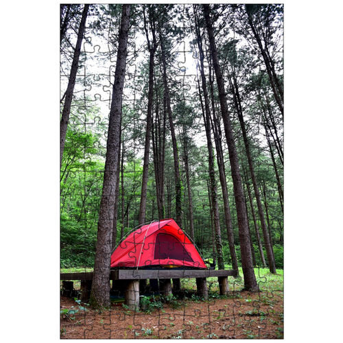 фото Магнитный пазл 27x18см."отдых на природе, палатка, лес" на холодильник lotsprints