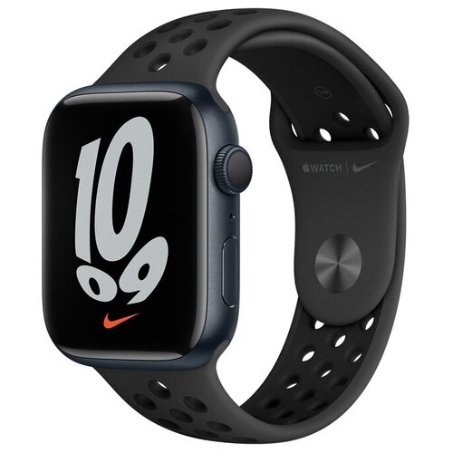 фото Умные часы apple watch nike series 7 gps 45mm aluminum case with sport band black mknc3ru/a, серый космос/антрацитовый/черный