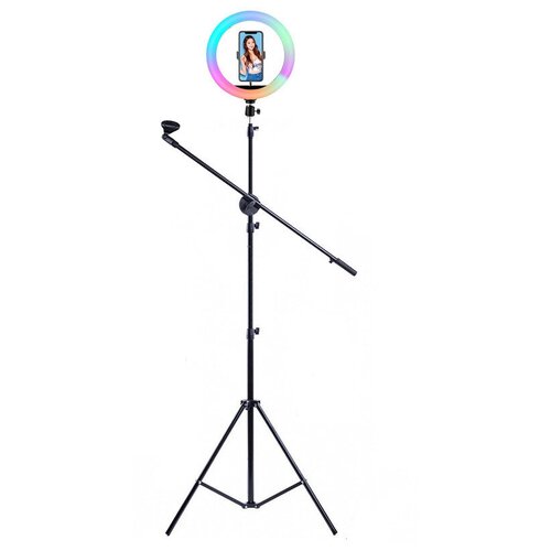 фото Кольцевая лампа rgb со штативом, журавлем, держателем для микрофона и телефона, диаметр 26 см flash unit