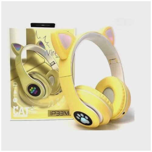 фото Детские наушники со светящимися ушами / беспроводные полноразмерные наушники / wireless cat ear headset p33m / желтый no brand