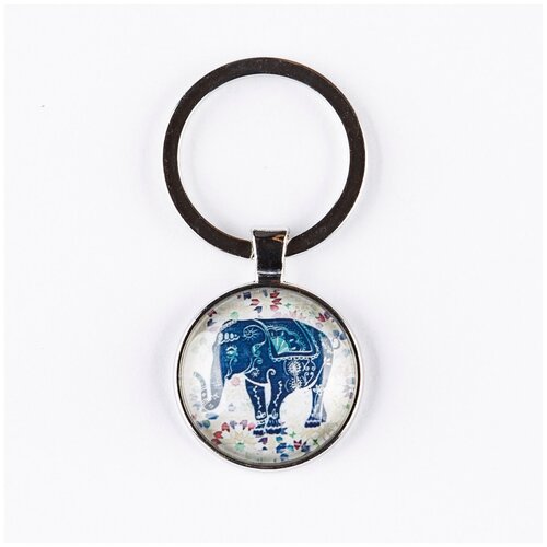фото Брелок darifly серебристый с большим кольцом для ключей и круглым рисунком "синий слон на белом фоне"