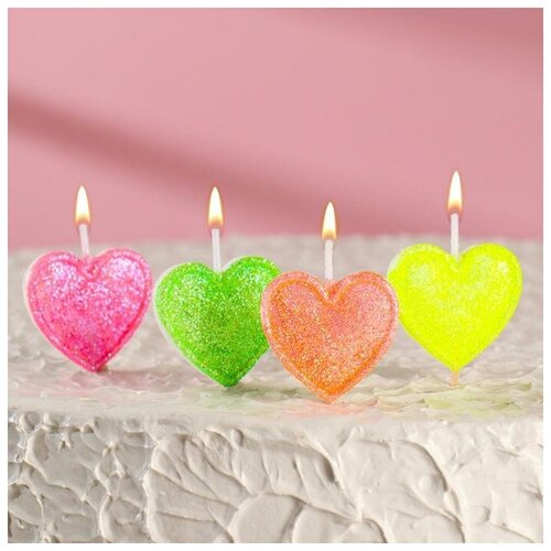 фото Свечи в торт на шпажках "сердечки с блёстками", 6,6х3,8 см, 25 гр, набор 4 шт 7373119 омский свечной
