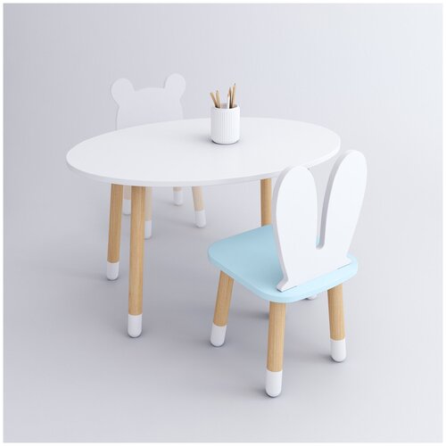 фото Комплект детской мебели dimdomkids, стол "овал" белый + стул "зайка" голубой