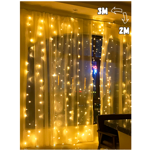 фото Гирлянда занавес / штора / дождик, светодиодная гирлянда новогодняя на окно, 3 на 2 метра, желтая + в подарок удлинитель для гирлянды 3м 24x online