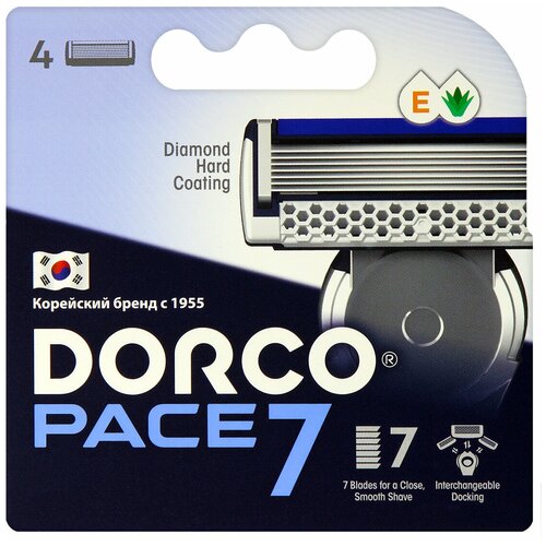 фото Сменные кассеты dorco pace7 (4 кассеты), 7-лезвийные, увл.полоса, крепление pace